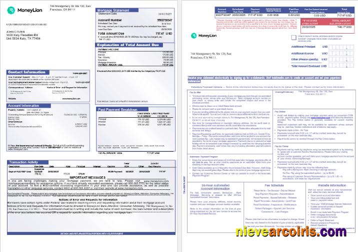 USA California MoneyLion bank mortgage statement, 3 pages 1-2